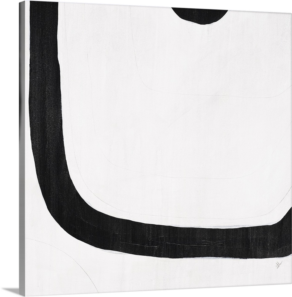 A black and white contemporary abstract painting with geometric shapes connecting together with lines.