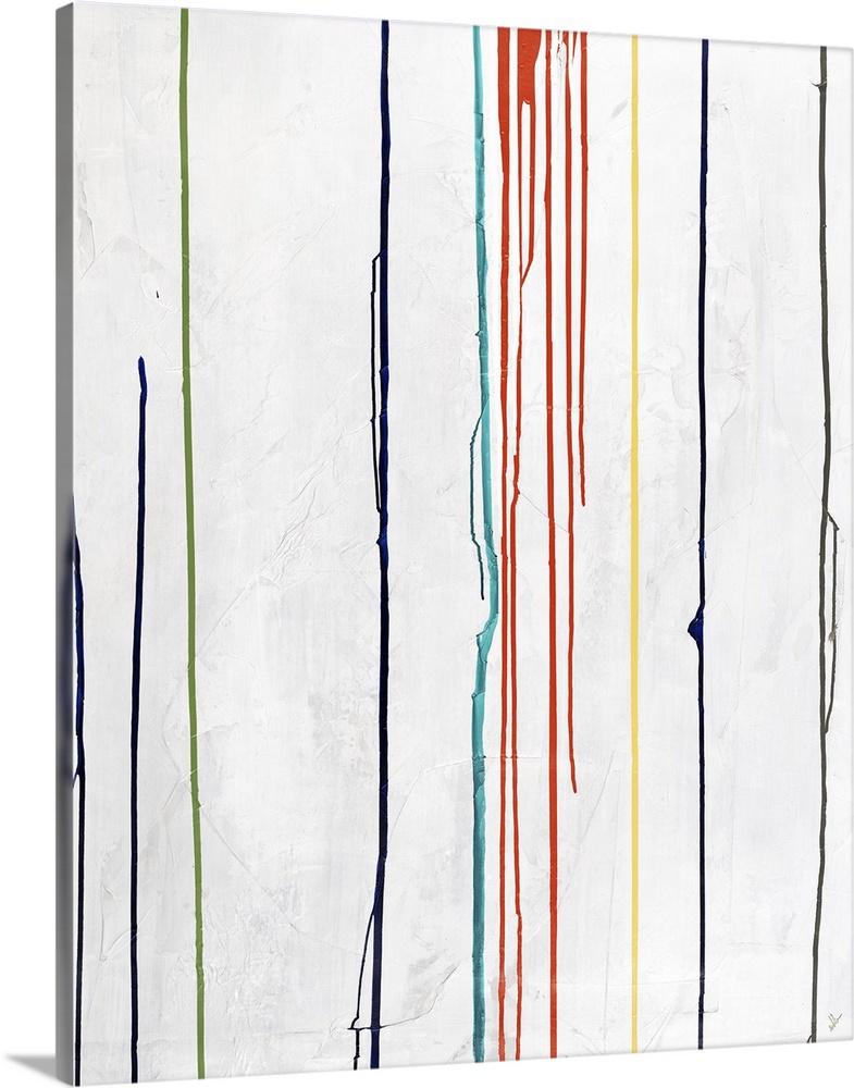 Large abstract art with dripping lines of color in green, orange, yellow, dark blue, light blue, and gray on a white backg...