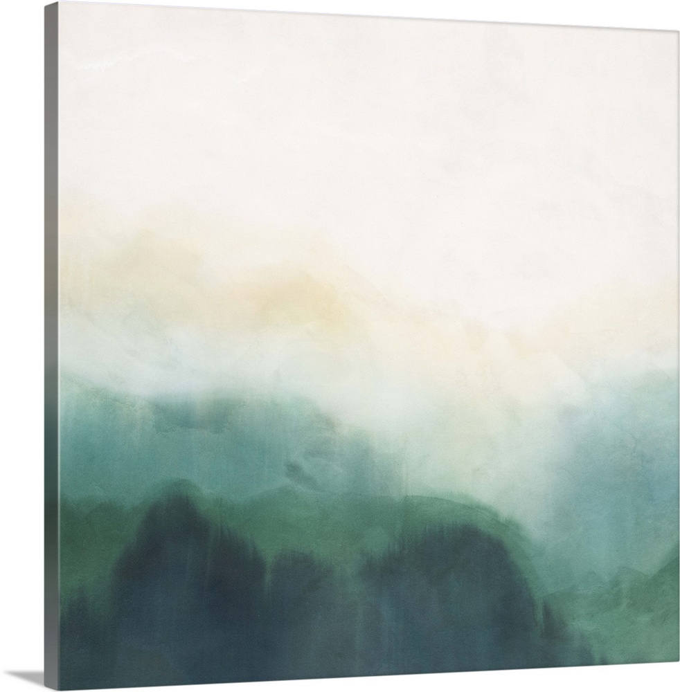 Square abstract art with shades of  emerald green rolling hills and a foggy colored top.