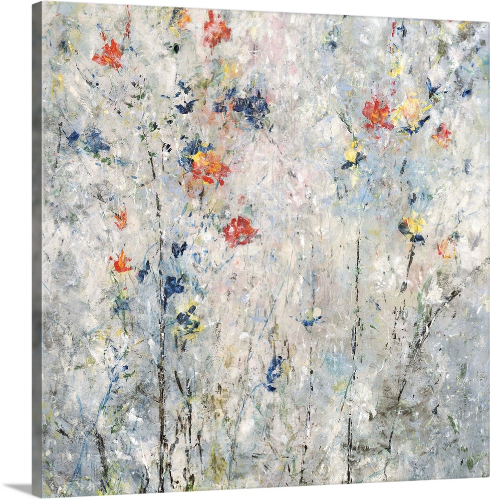 Contemporary square painting with abstract flowers in blue, red, orange, and yellow hues on a gray and white background.