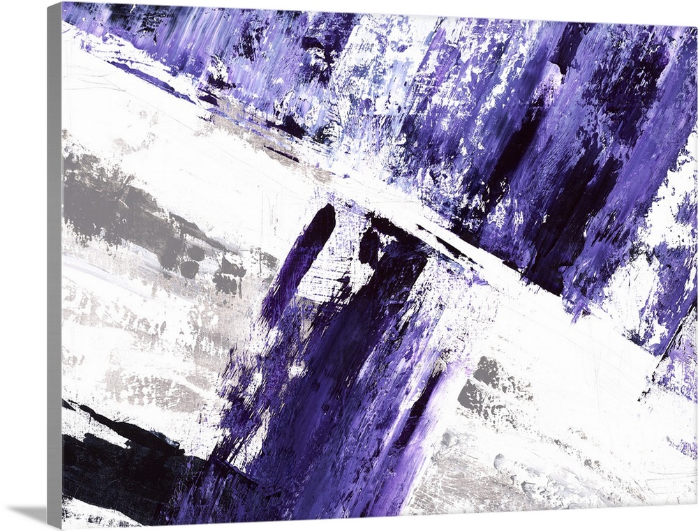 Large abstract painting in deep purple hues with gray and white in the background.