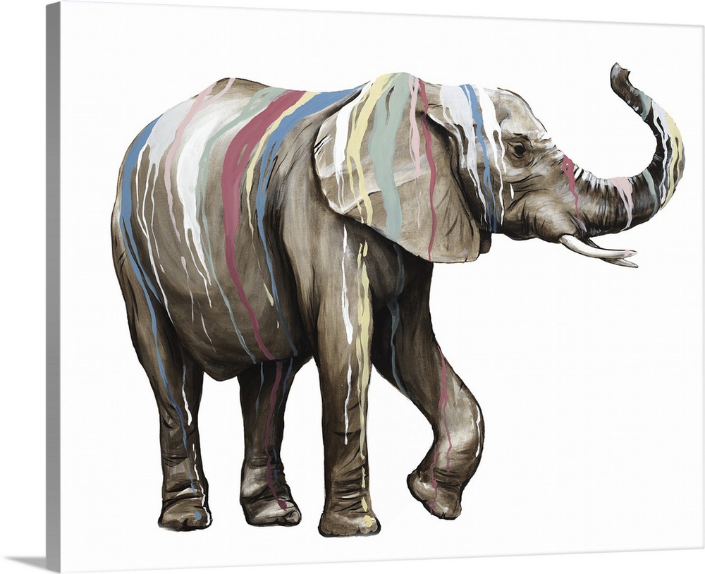 Artwork of an elephant covered with multiple colors of paint dripping down it's body.