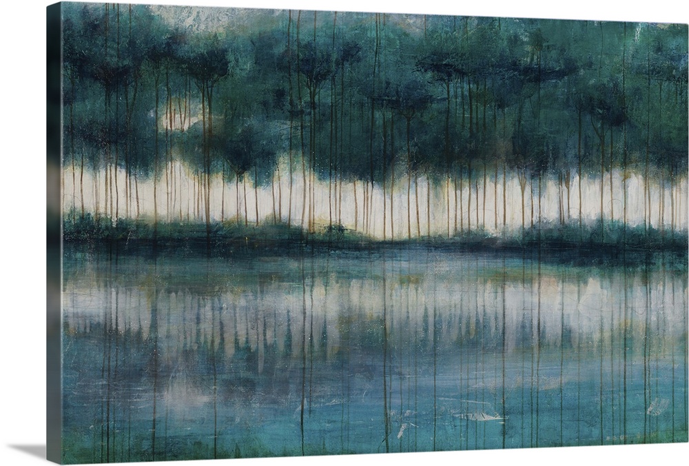 Abstract painting of a large grove of trees reflecting in water in the foreground, while thin lines of paint run verticall...