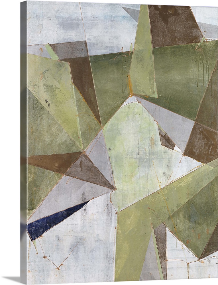 Abstract painting of overlapping triangular shapes in neutral and earth tones, randomly placed and textured with lines and...