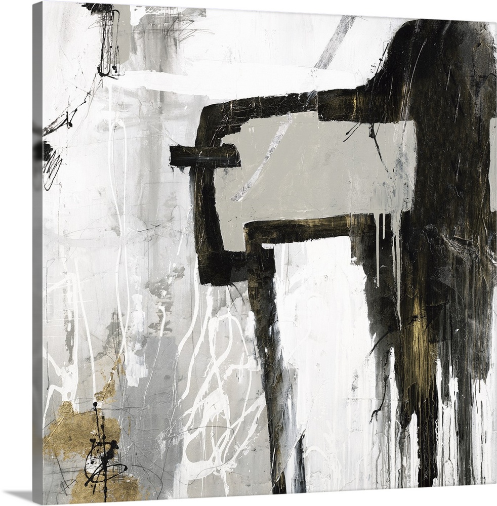 Square abstract artwork in gray, white, black, and gold hues.