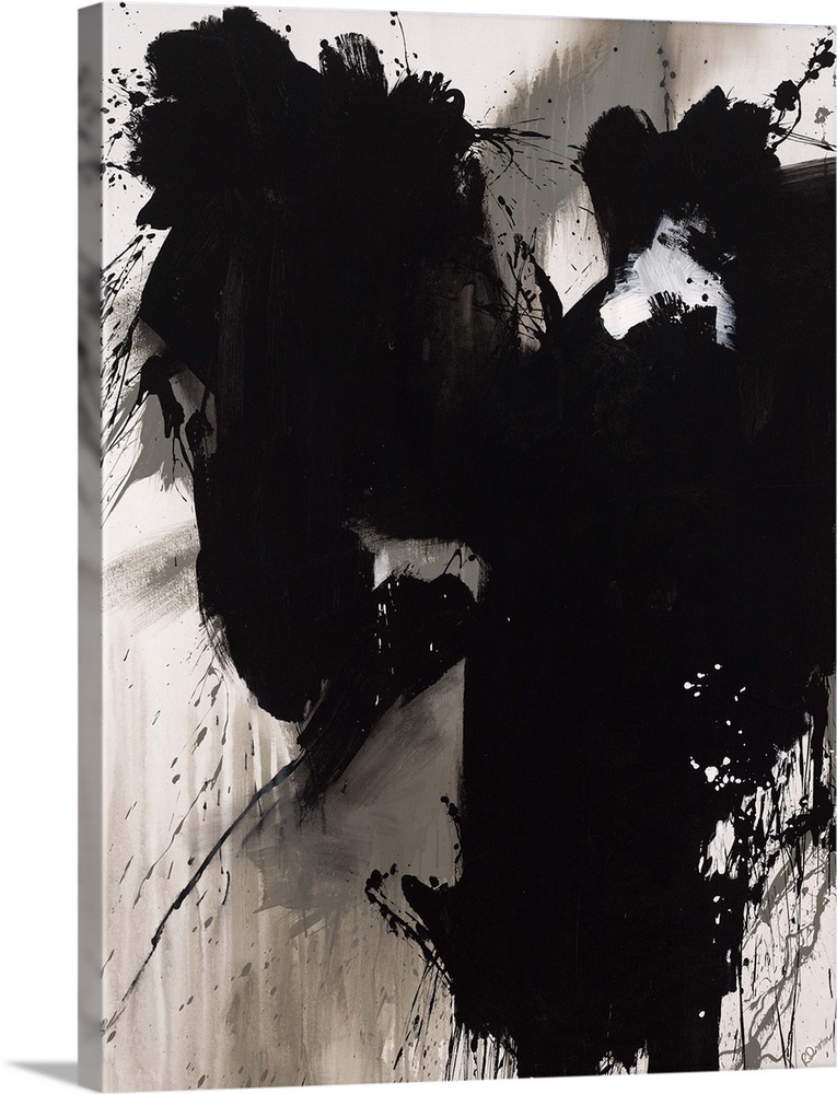 Contemporary abstract painting of a giant black splash of paint smeared and splattered against a neutral background.