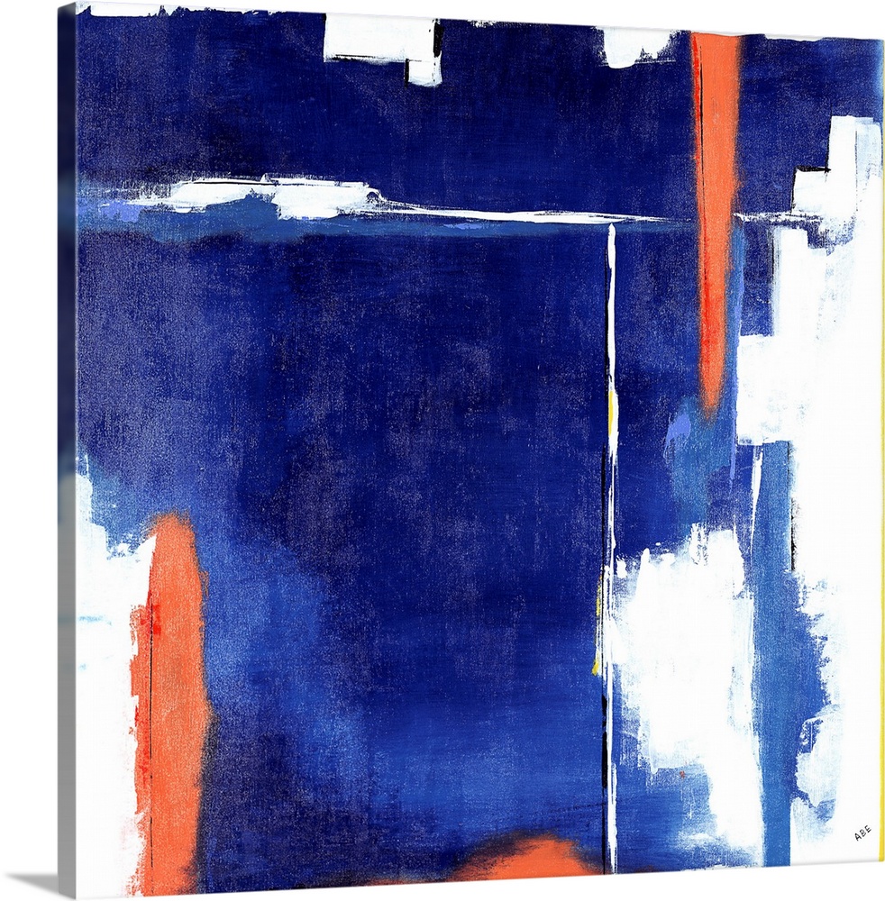 Square abstract art with heavy blue hues on the background and bright orange, white, and yellow lines on top.