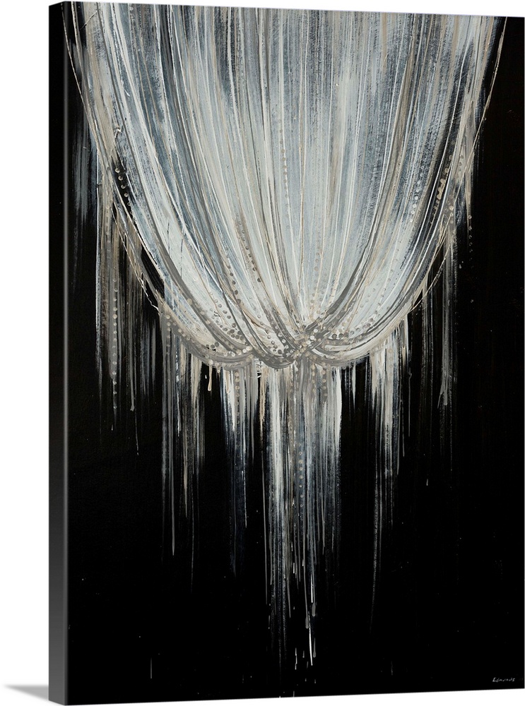 Abstract contemporary artwork of beaded strands hanging over a black wall, giving the impression of a chandelier in a dark...