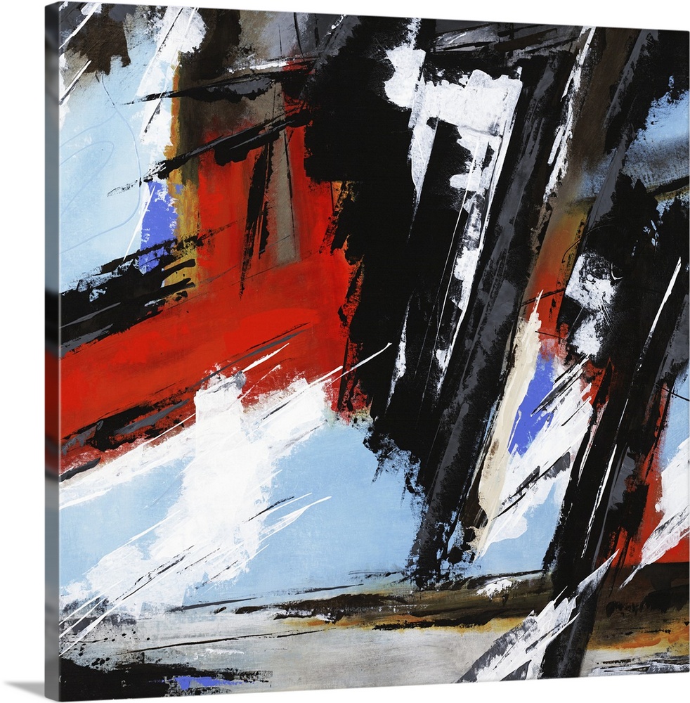 Square abstract artwork with busy brushstrokes in bold black and red hues with lighter blue, gray, and white in the backgr...