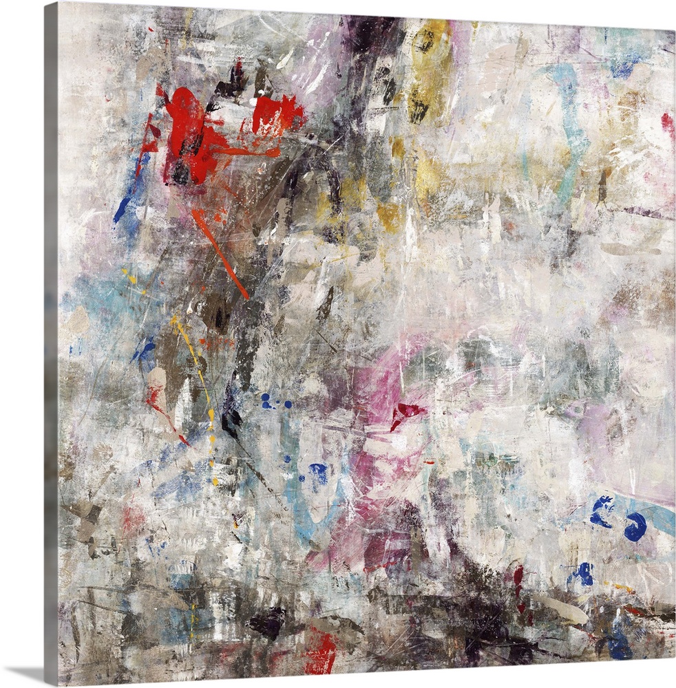 Square abstract painting with busy strokes of color all over and softened with a white overlay.