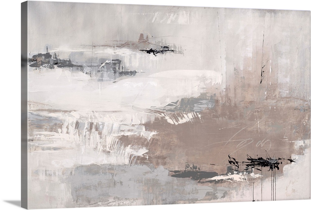 Contemporary abstract painting of neutral colors with harsh black scribbles.