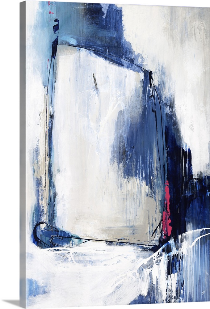 Beautiful abstract painting with a rectangular shape in the middle on a white and gray background with shades of blue drip...