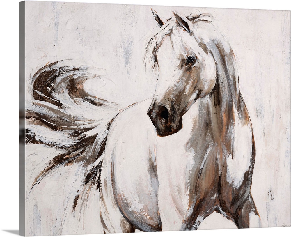Contemporary painting of an elegant white horse flicking its tail.