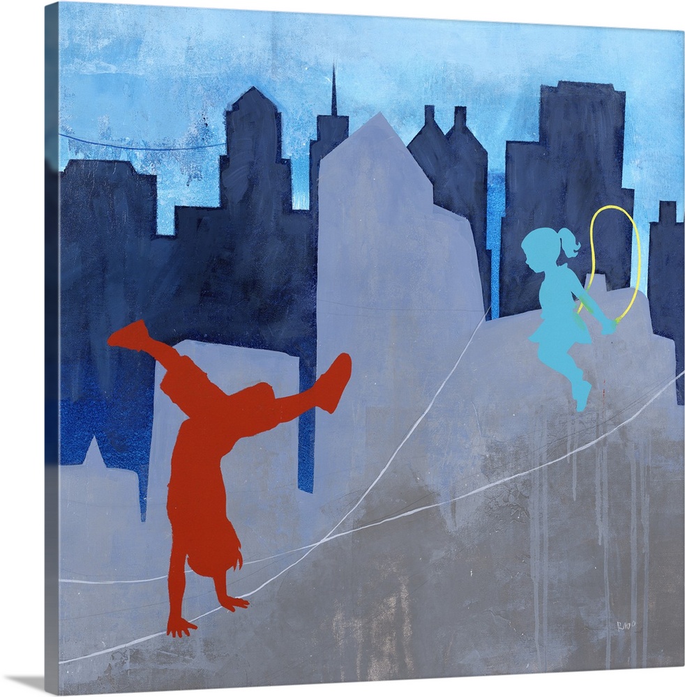 Contemporary painting of two children playing outdoors with a city skyline in the background.