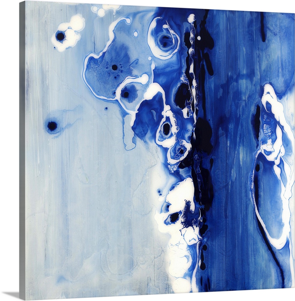 Contemporary abstract painting of what looks like flowing dark blue liquid.