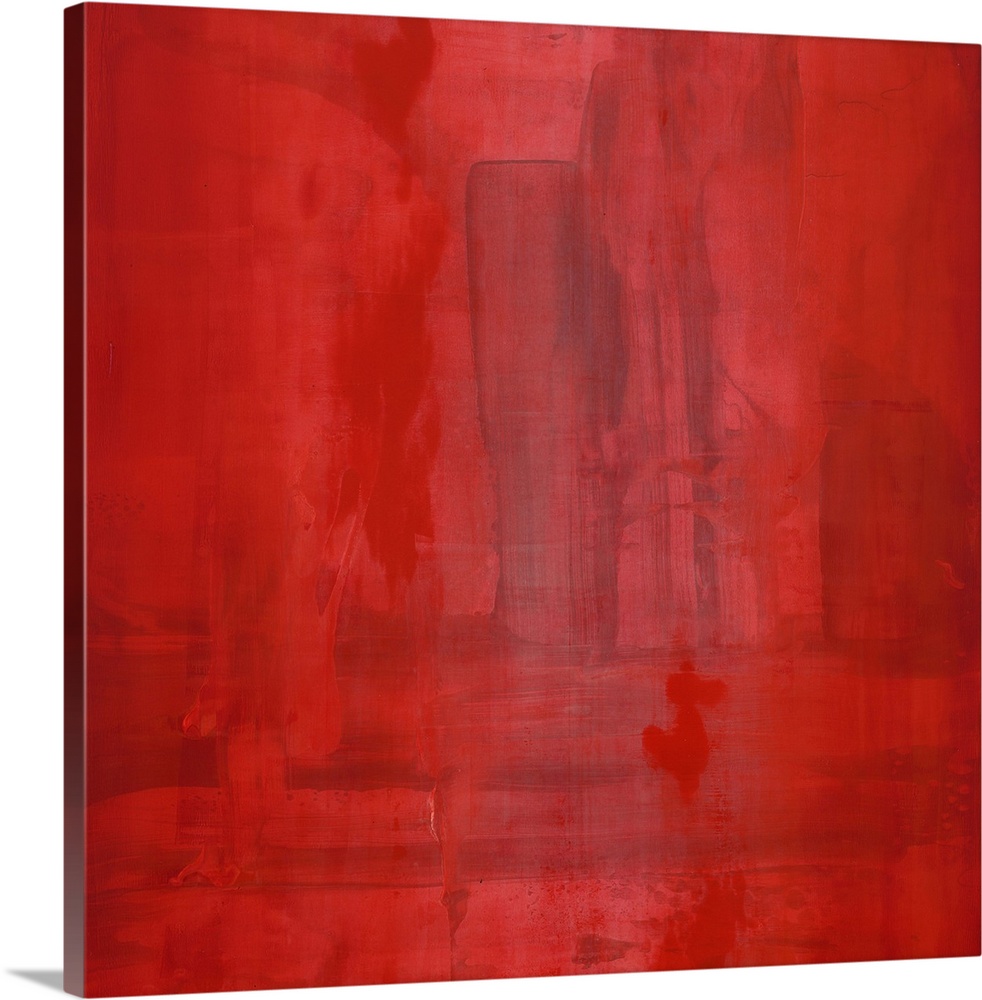 Contemporary abstract painting of a dominating deep red covering the canvas, with a dark geometric shape in the middle.