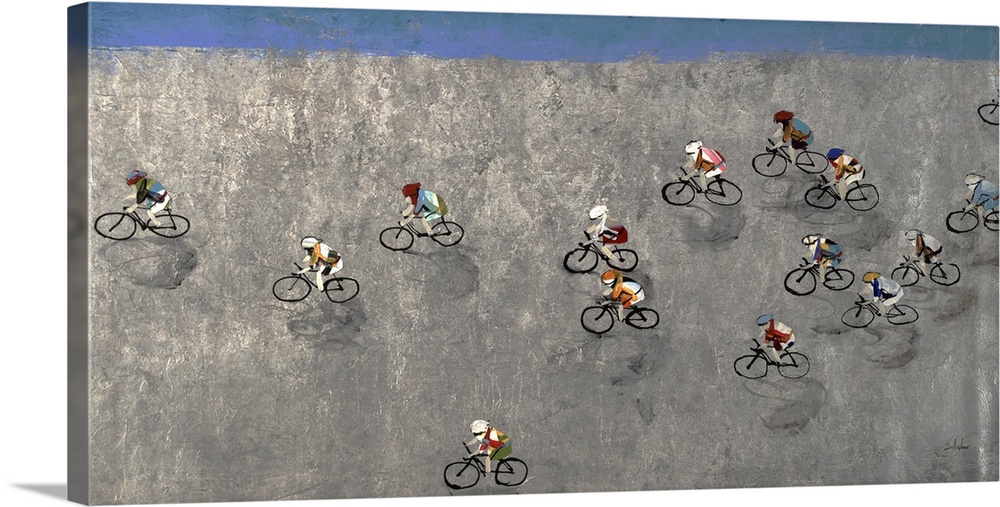 Contemporary painting of an aerial view of cyclists in a race on a gray path.