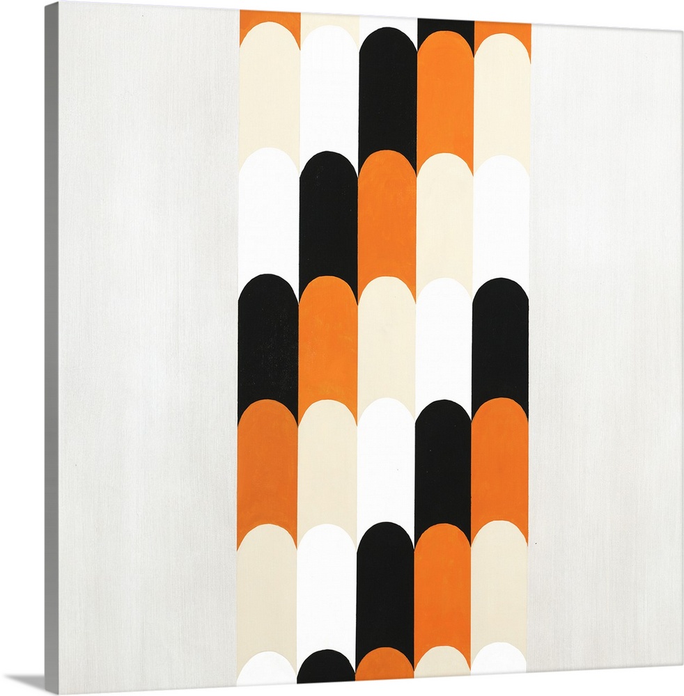 Abstract art created with tan, white, black, and orange long rounded shapes stacked together in rows on a neutral colored ...