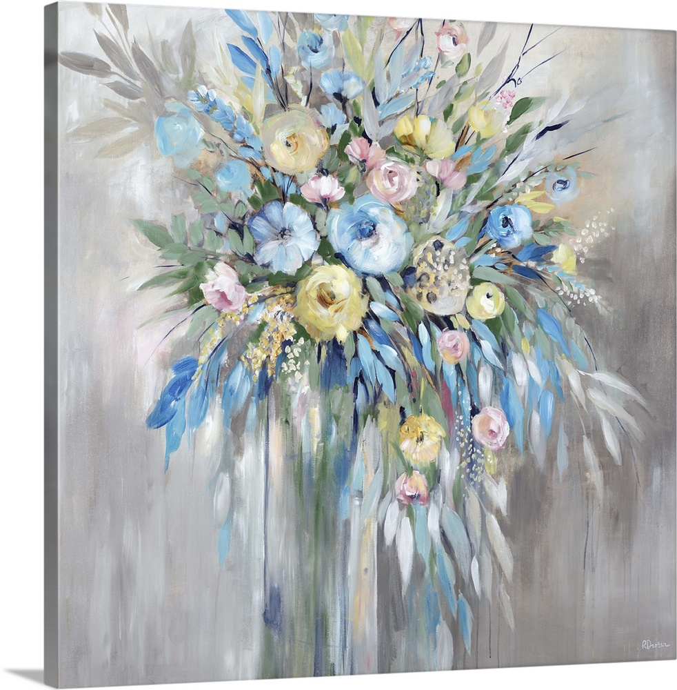 Contemporary abstract painting of a floral arrangement with with blue, yellow, and pale pink flowers.