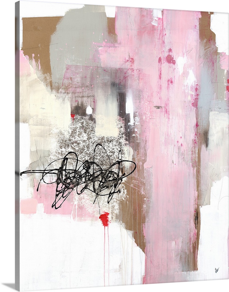 Contemporary abstract painting with pink, gray, tan, and beige brushstrokes, and a black scribble line design over a white...