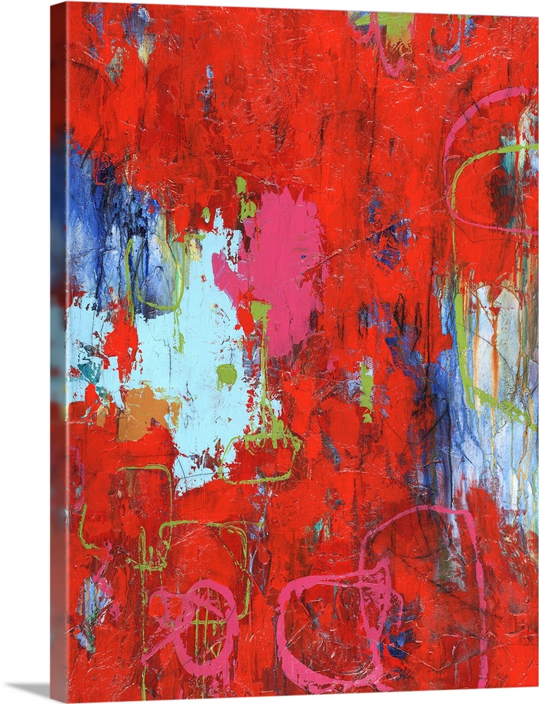 Large abstract painting with bright red hues with pink and green lines on top and shades of blue in the background.