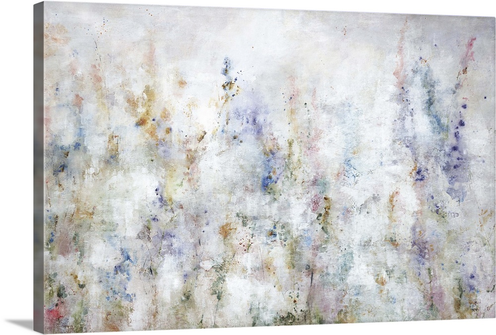 An faded abstract landscape of a field of colorful wild flowers.