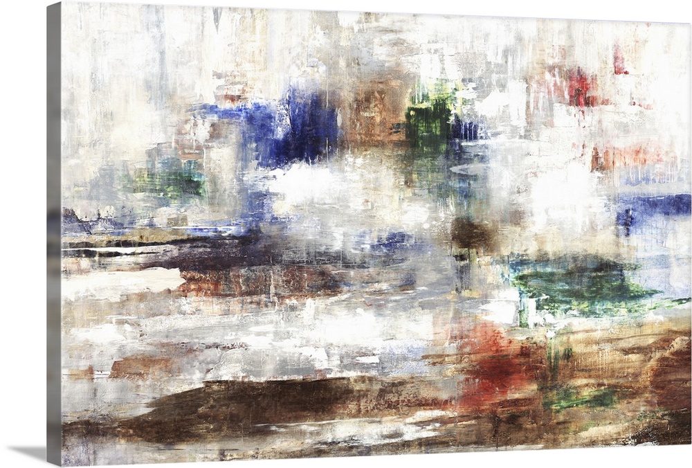 Contemporary abstract painting with dark blue, green, brown, and red hues surrounded by white and gray with rough textures.