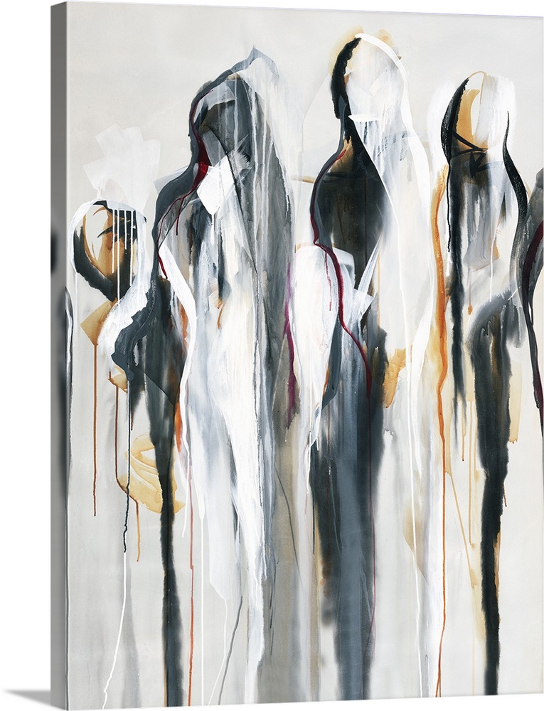 Figurative abstract painting with a group of silhouettes dripping to the bottom of the canvas.