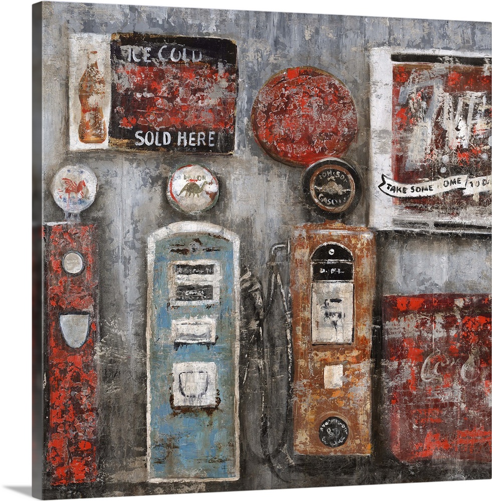 Painting of several vintage gas pumps and signage, painted with a texture that gives an antique feel to the image.