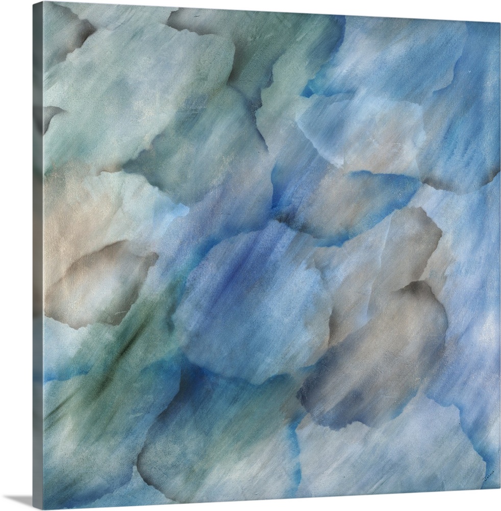 Square contemporary abstract painting with cool toned rock shaped designs overlapping and blending together.