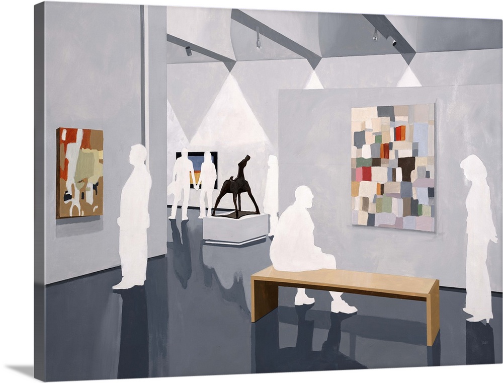 Contemporary painting of white silhouetted people admiring art at an art show.
