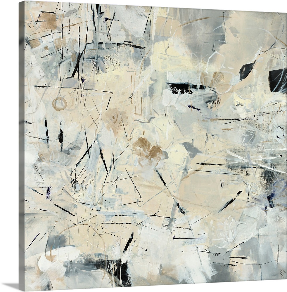 Contemporary abstract painting with quick, short lines and grey tones, calling to mind a feeling of searching.