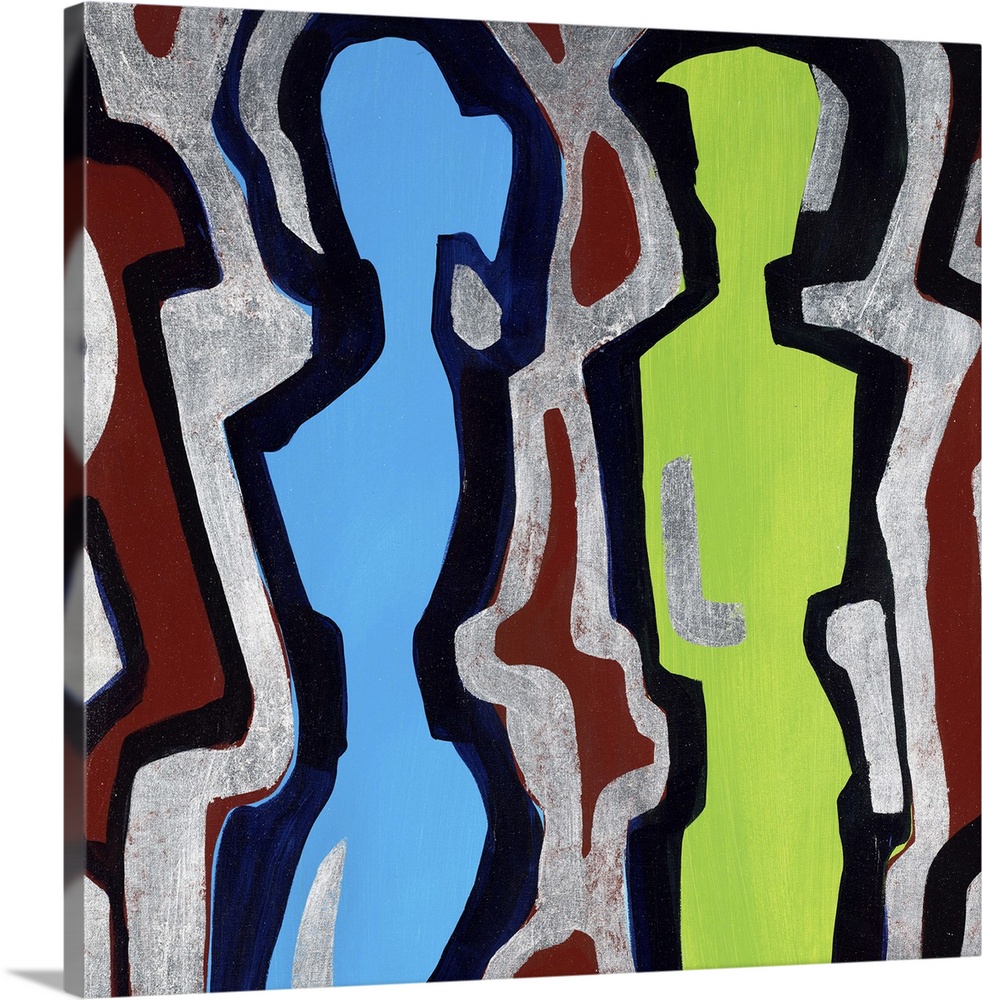Contemporary abstract painting using bold organic and geometric lines to create figures.