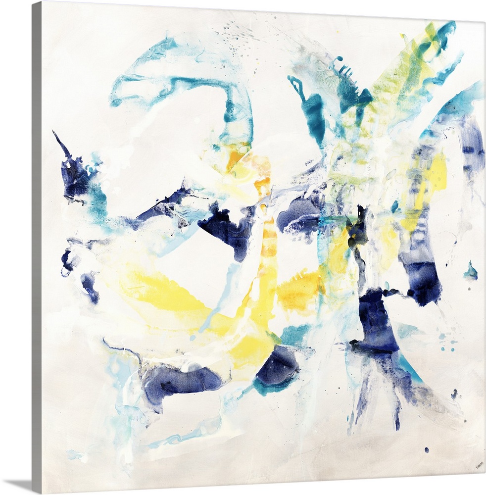 A contemporary abstract painting using colorful lines of paint against a white background.