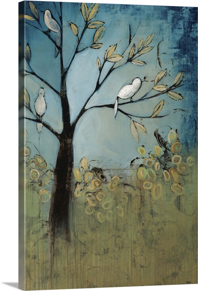 Contemporary painting of several birds perched in a tree, surrounded by a lush, green landscape and vibrant blue sky.
