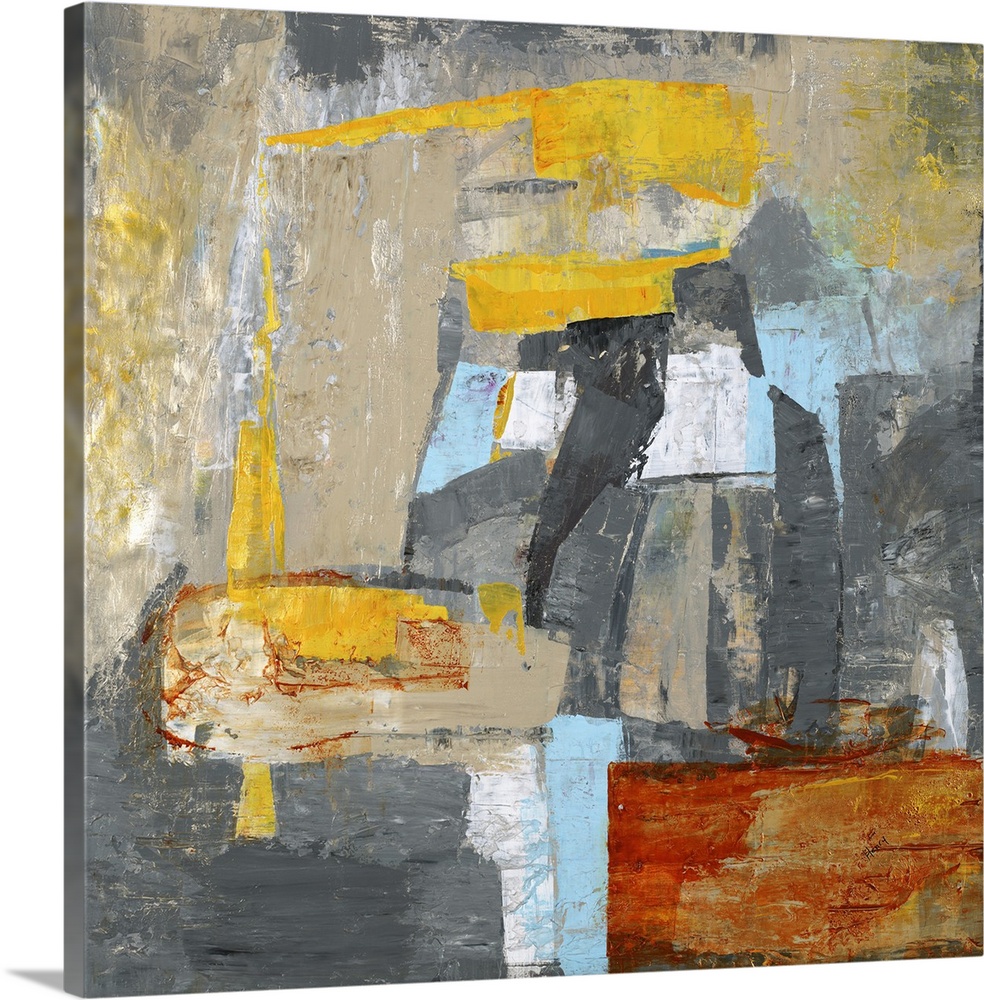 Contemporary abstract artwork in grey and blue with pops of bright yellow.