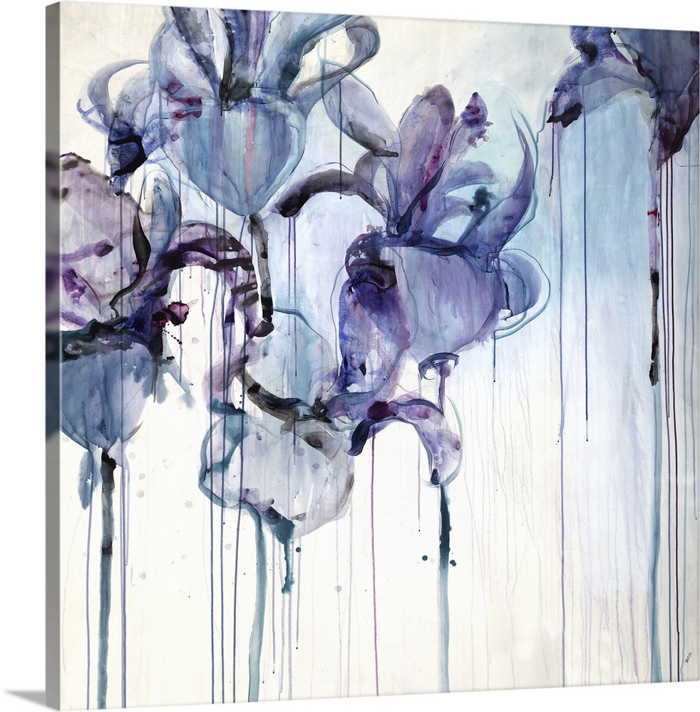 Abstract floral painting of five iris blooms with drips of paint running down.