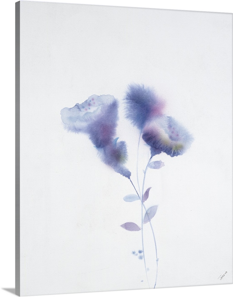 Vertical watercolor painting of delicate purple flowers.