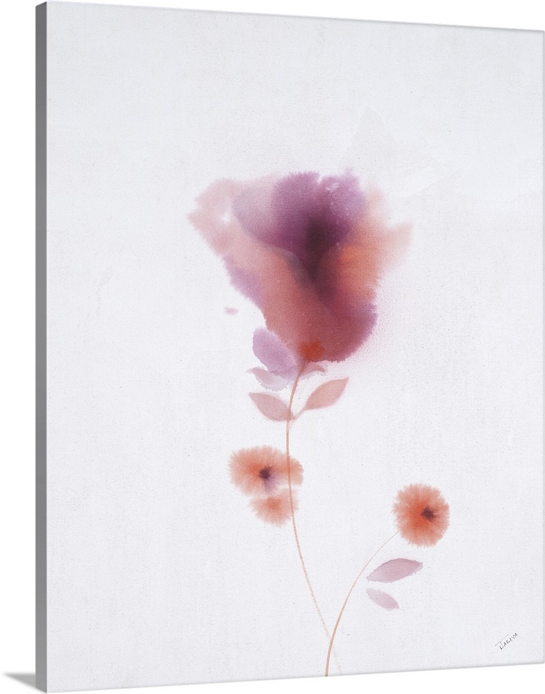 Vertical watercolor painting of delicate orange and red flowers.