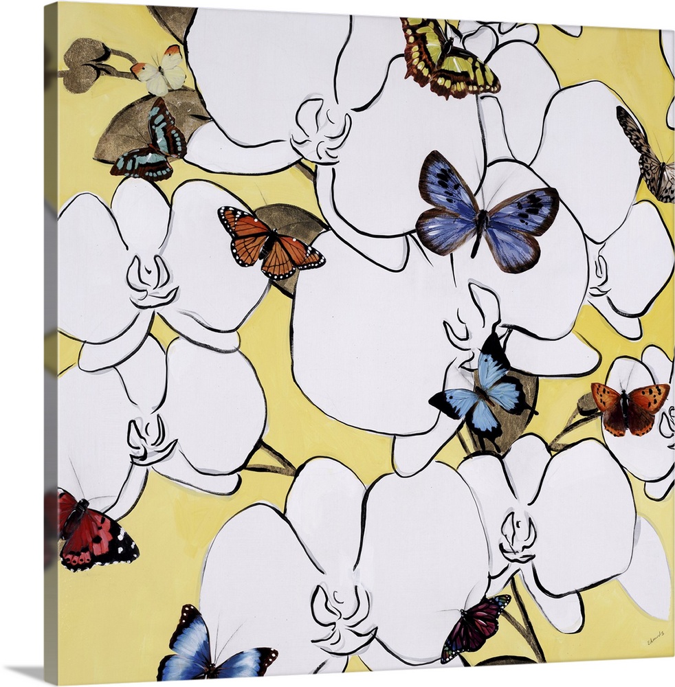 Modern square painting of white flowers surrounded by colorful butterflies.