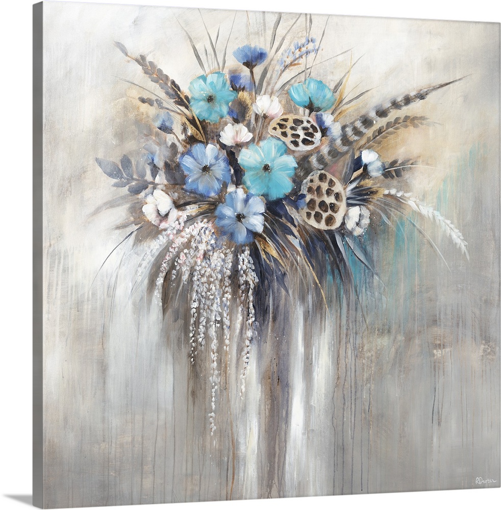 Contemporary painting of an arrangement of blue flowers and long feathers.