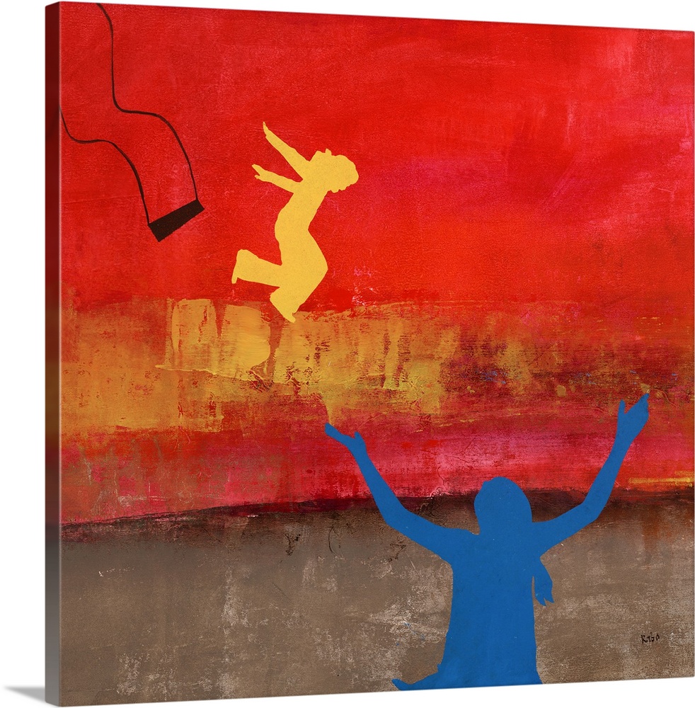 Painting of a blue silhouetted figure with arms raised as a yellow figure jumps off a swing.