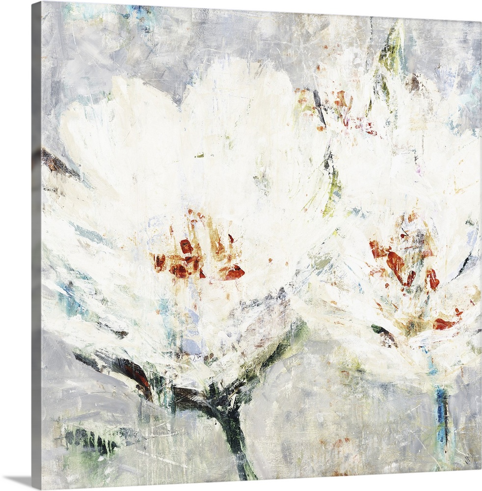 Square artwork of two white flowers with orange accents in textured paint.