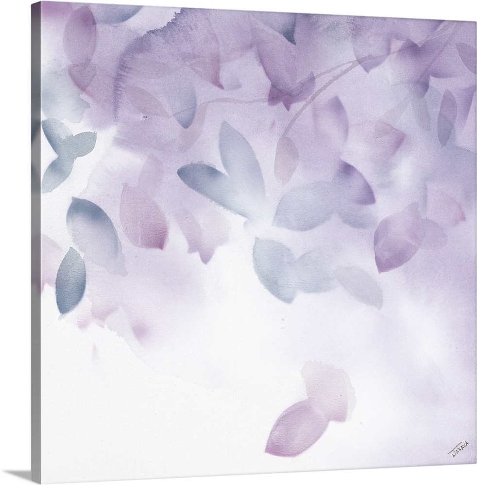 Square watercolor painting of leaves falling from a tree branch in shades of blue and purple.