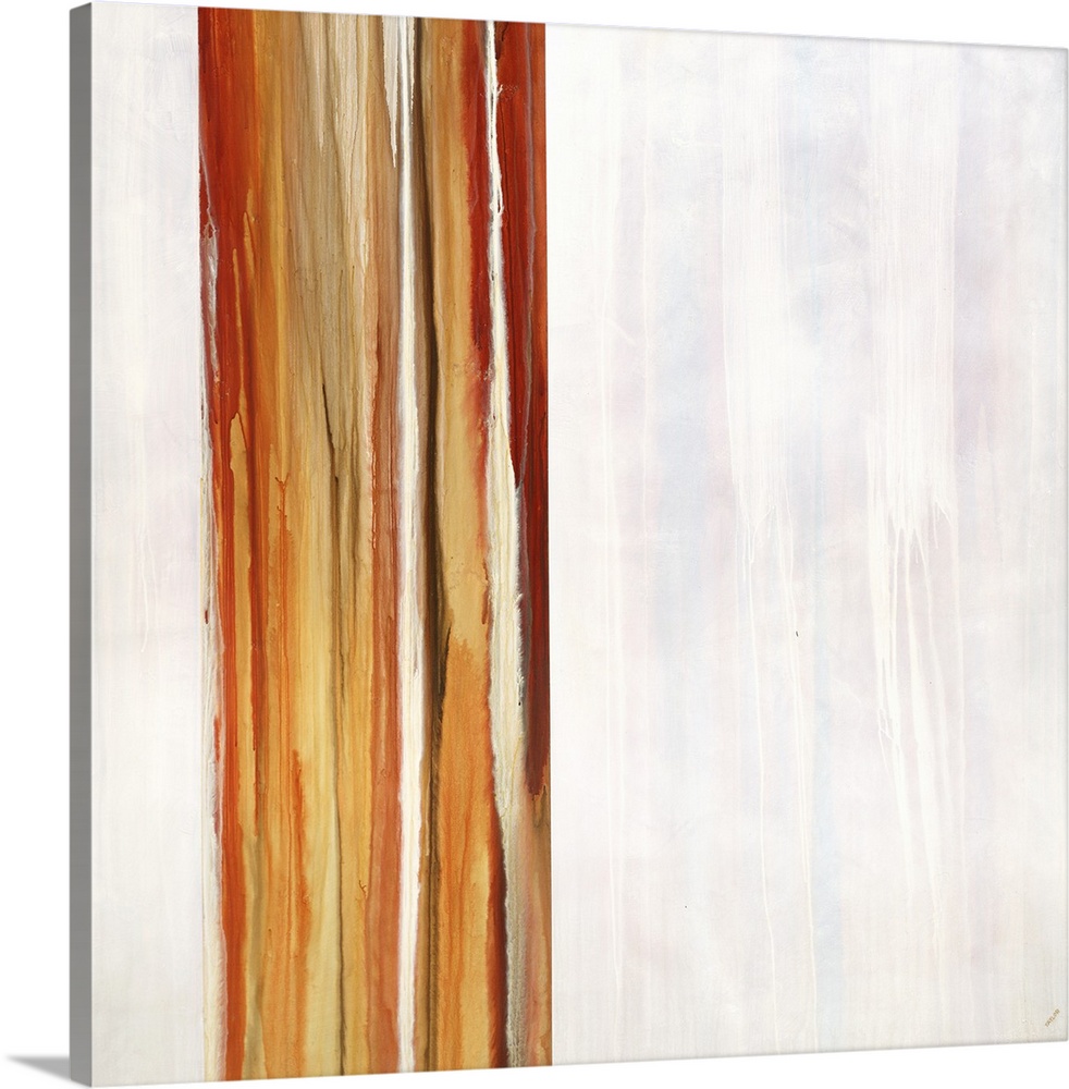 Abstract contemporary painting of vertical red and orange stripes on white.