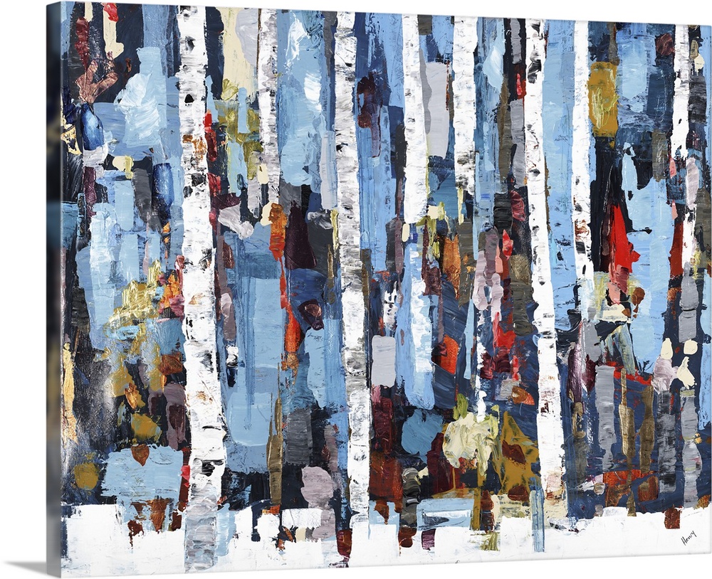 Colorful abstract painting of tall white tree trunks on a snow covered ground with vertical strokes of color in the backgr...