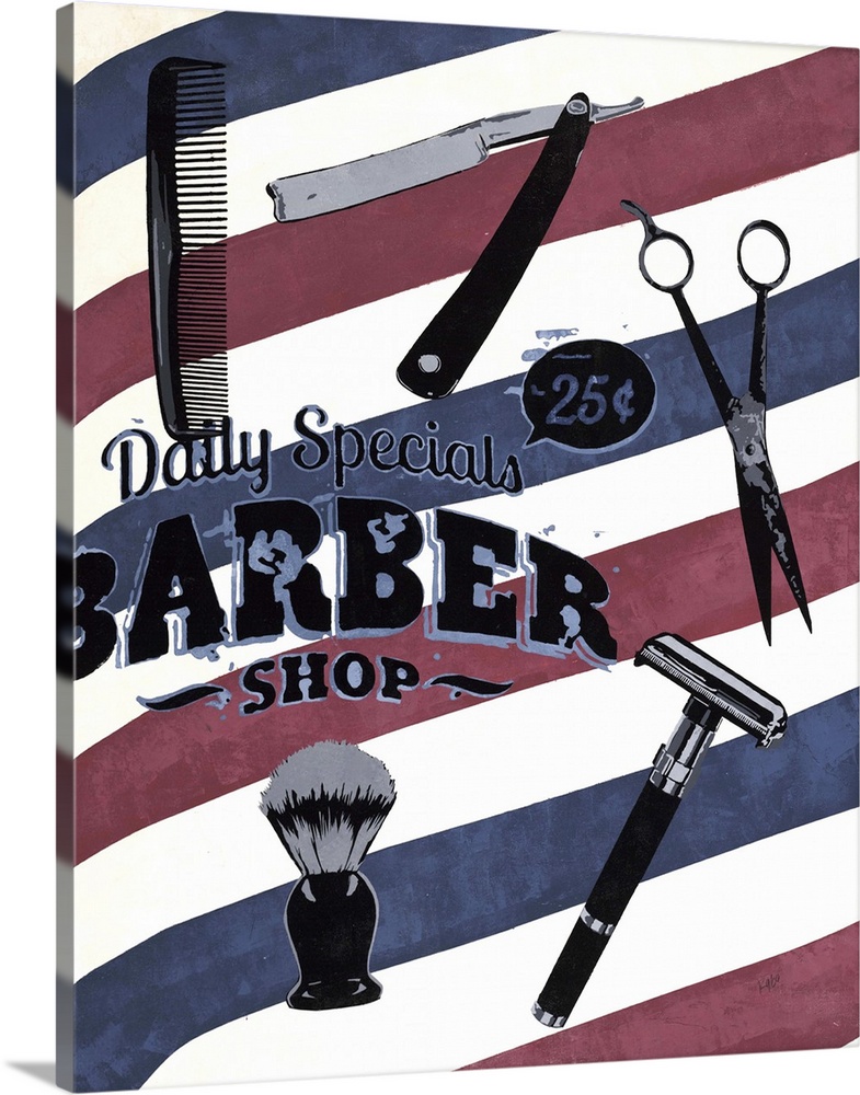 A contemporary painting of a red white and blue striped barber background with hair cutter and shaving materials.