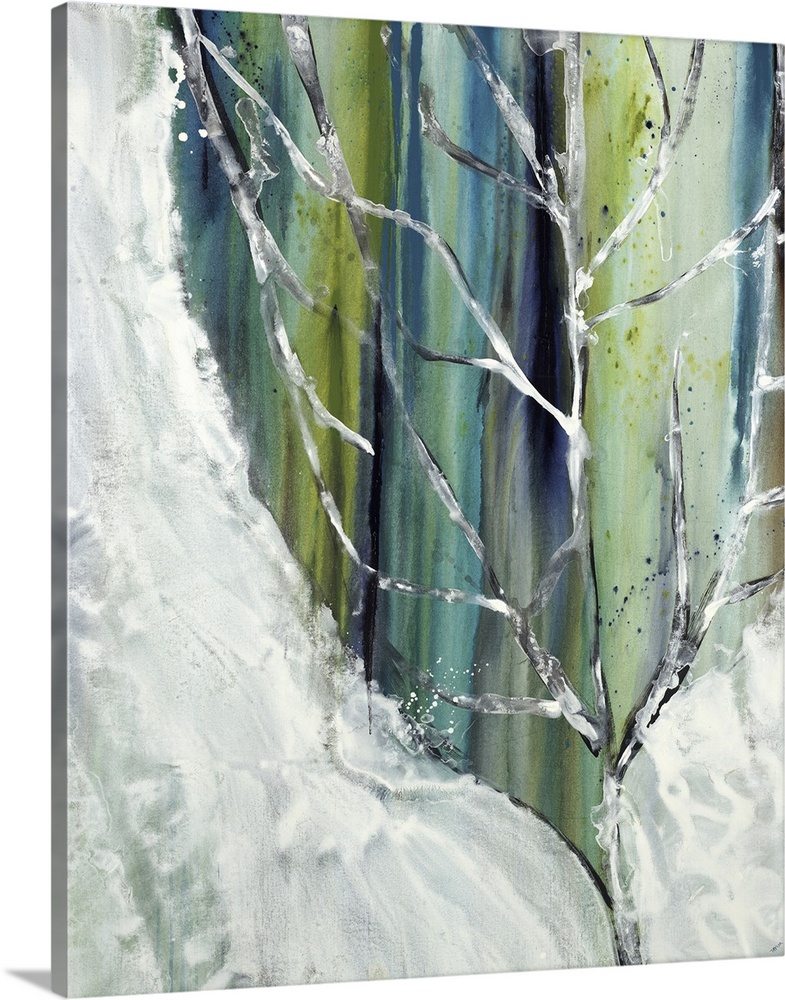 Abstract painting with a frozen tree branch in the foreground with white sides and a green, brown, and blue streaked backg...