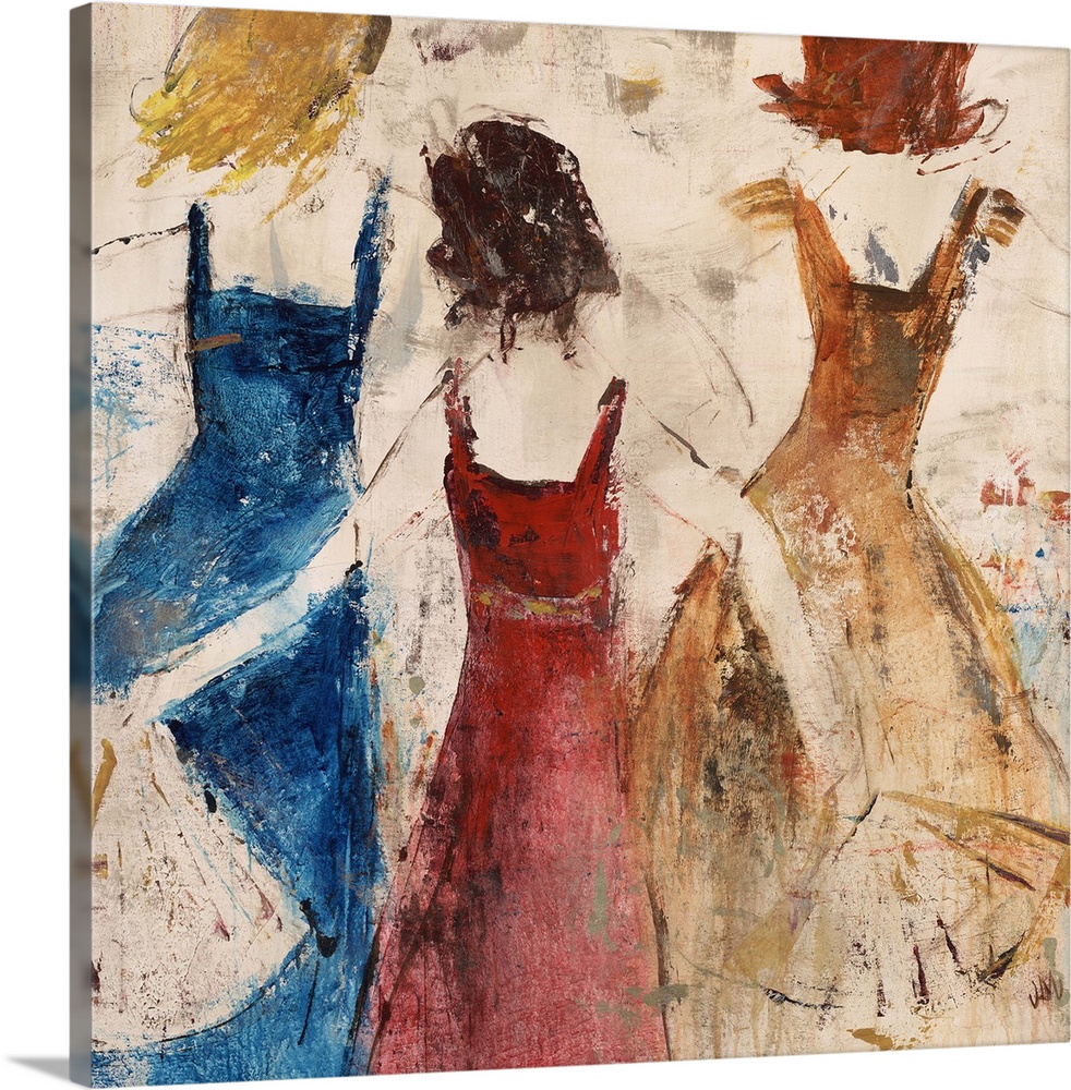 Contemporary painting of three women in colorful dresses with backs facing viewer.