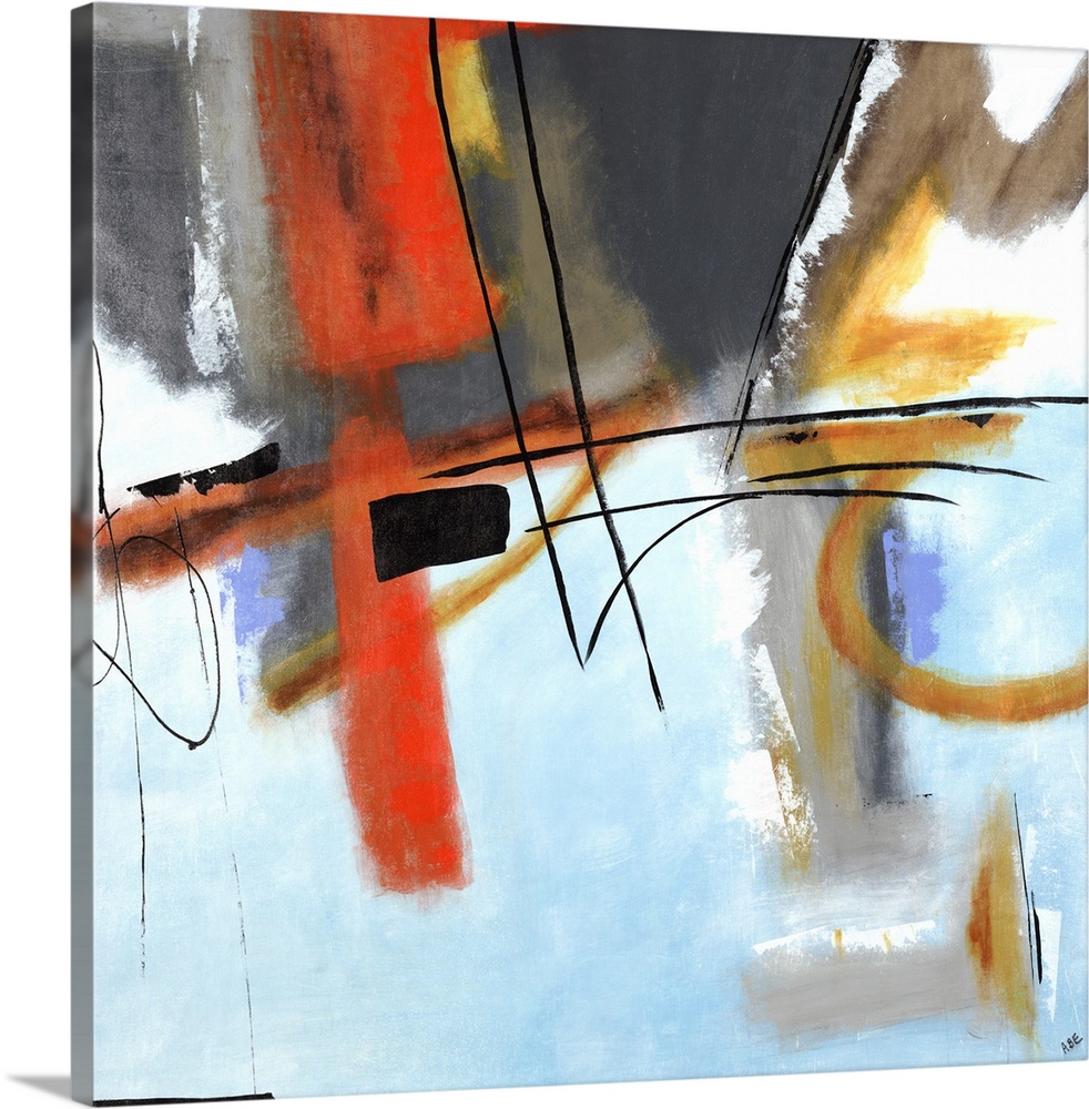 Contemporary abstract painting using muted red and blue tones mixed with bold black strokes.